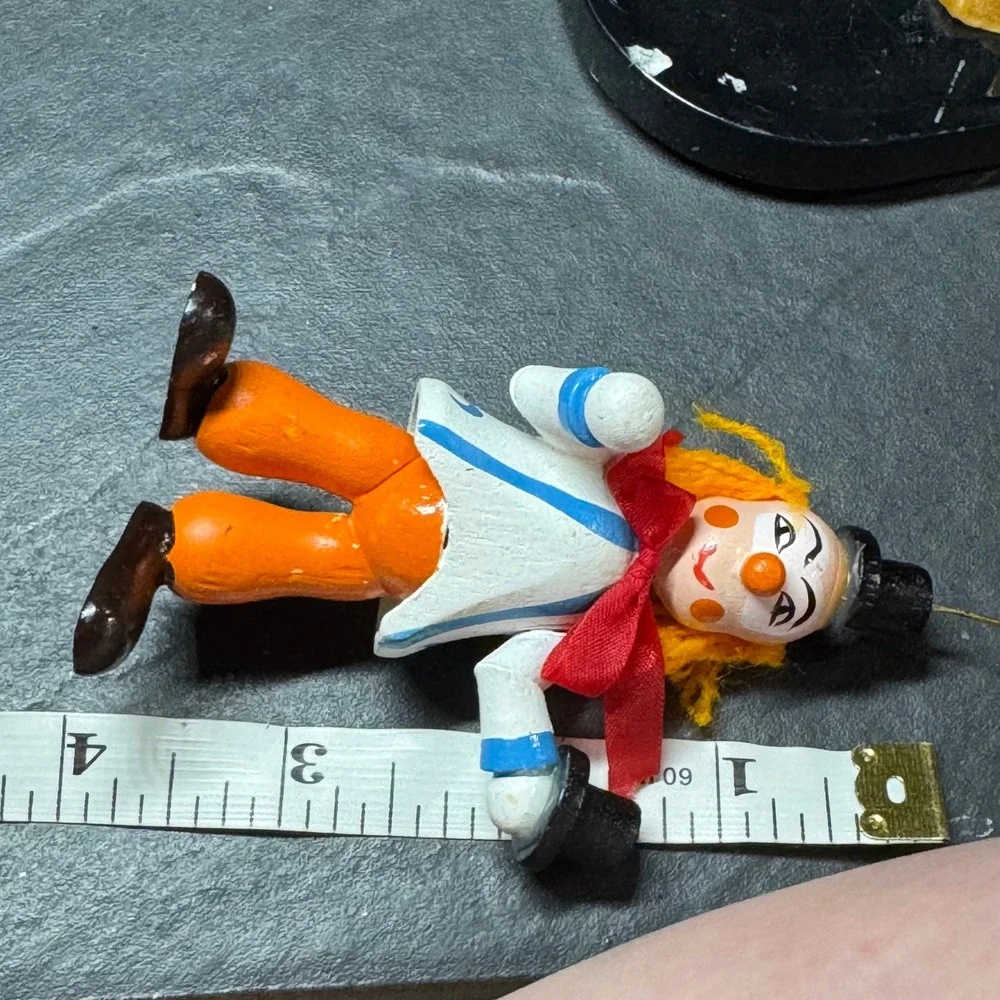 Vintage Hand Painted Wooden Clown Ornament Orange Hair Top Hat Circus Figurine